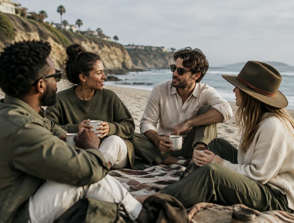 Friends sharing coffee and conversation on the beach